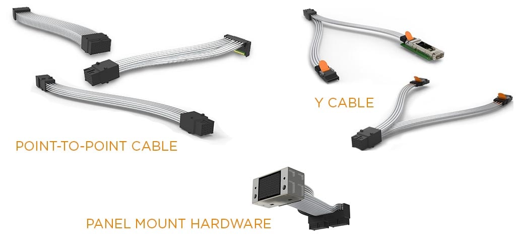 Configurações de receptáculo de cabo STRADA Whisper - Conjuntos de cabos ponto a ponto, conjuntos de cabos em Y e hardware de montagem em painel