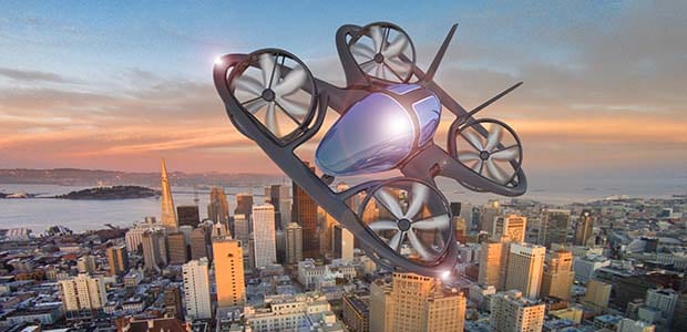 シミュレーション画像内で街中を飛行する eVTOL