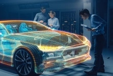 El equipo de ingeniería analiza el rendimiento de un vehículo eléctrico en un laboratorio de investigación automotriz.