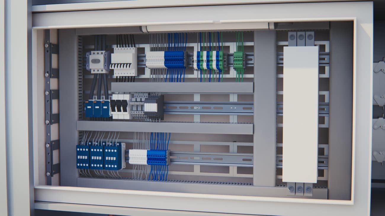HVAC power and I/O components inside a control cabinet