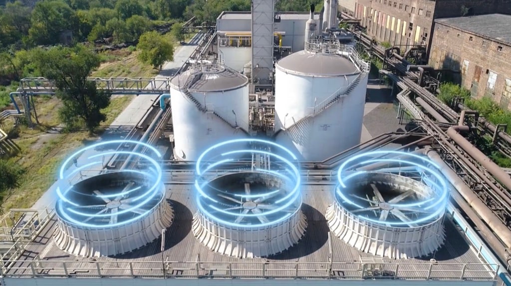 Aerial view of industrial cooling towers