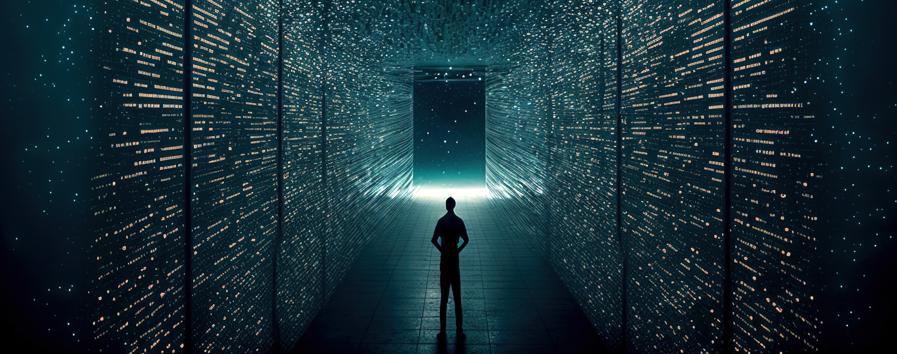 Man stands inside a conceptual rendition of a massive data center.