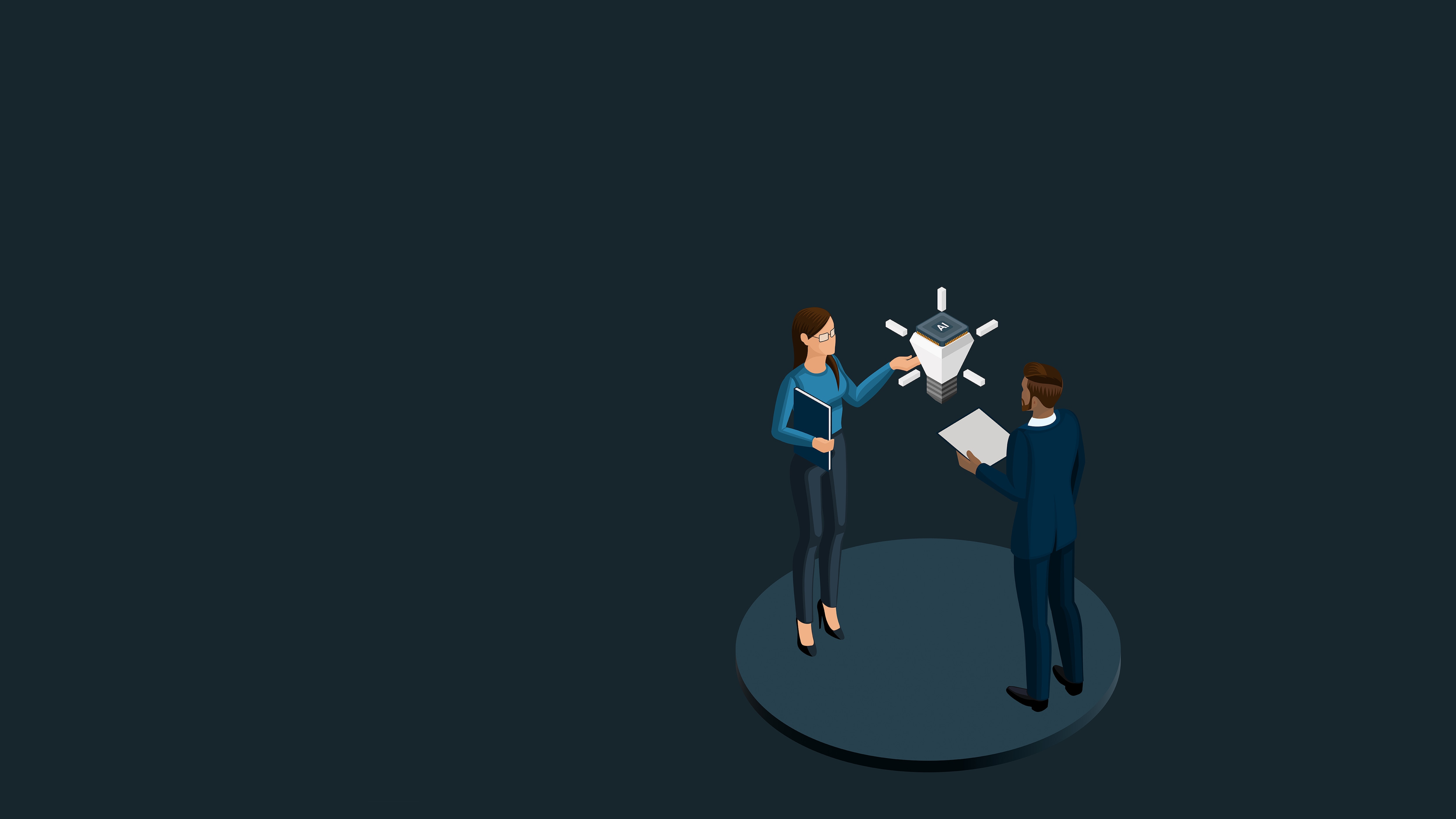 Illustration depicts woman and man discussing innovation project.