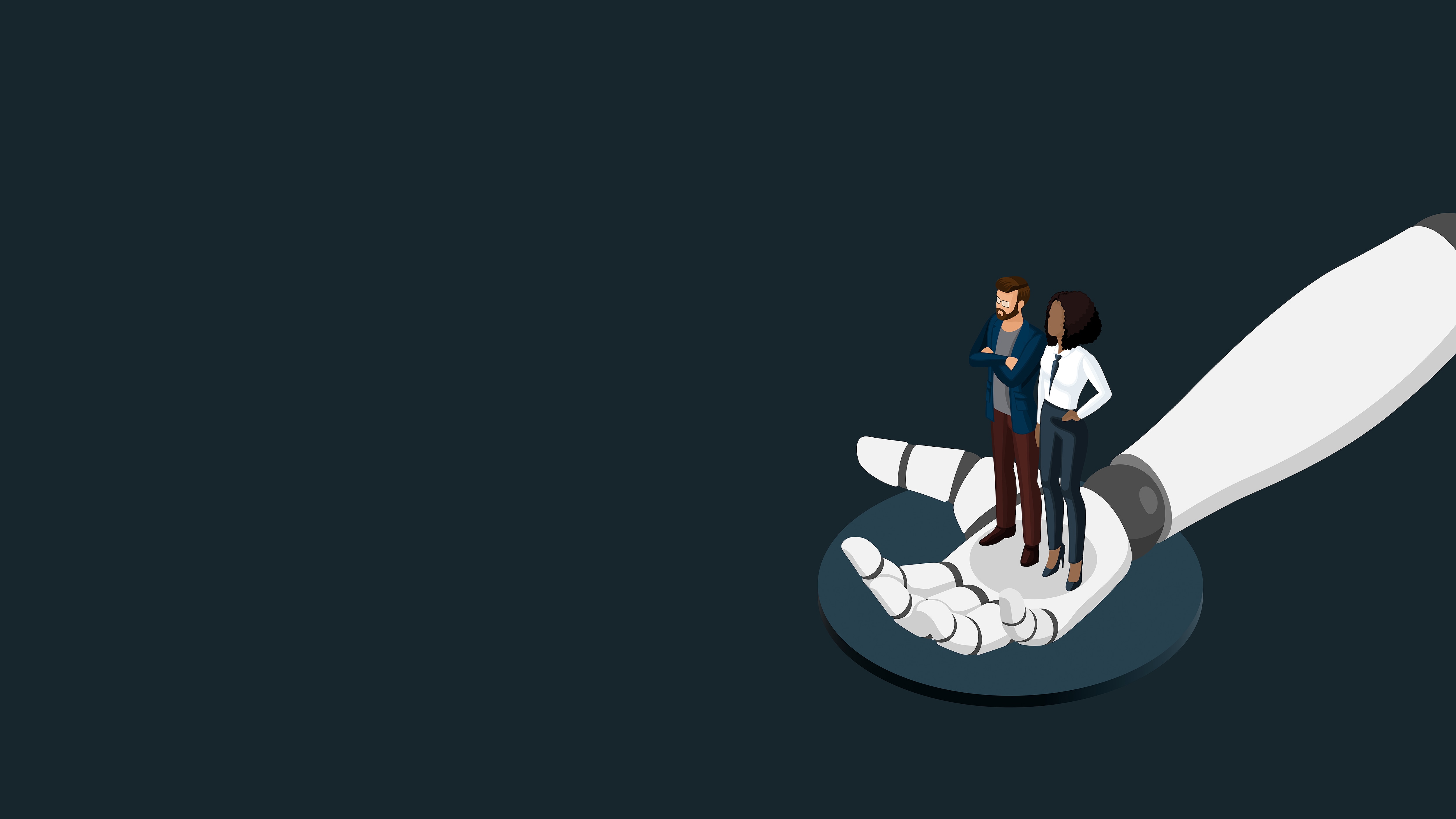 Illustration depicts man and woman in the palm of a robotic hand indicating machine augmentation.