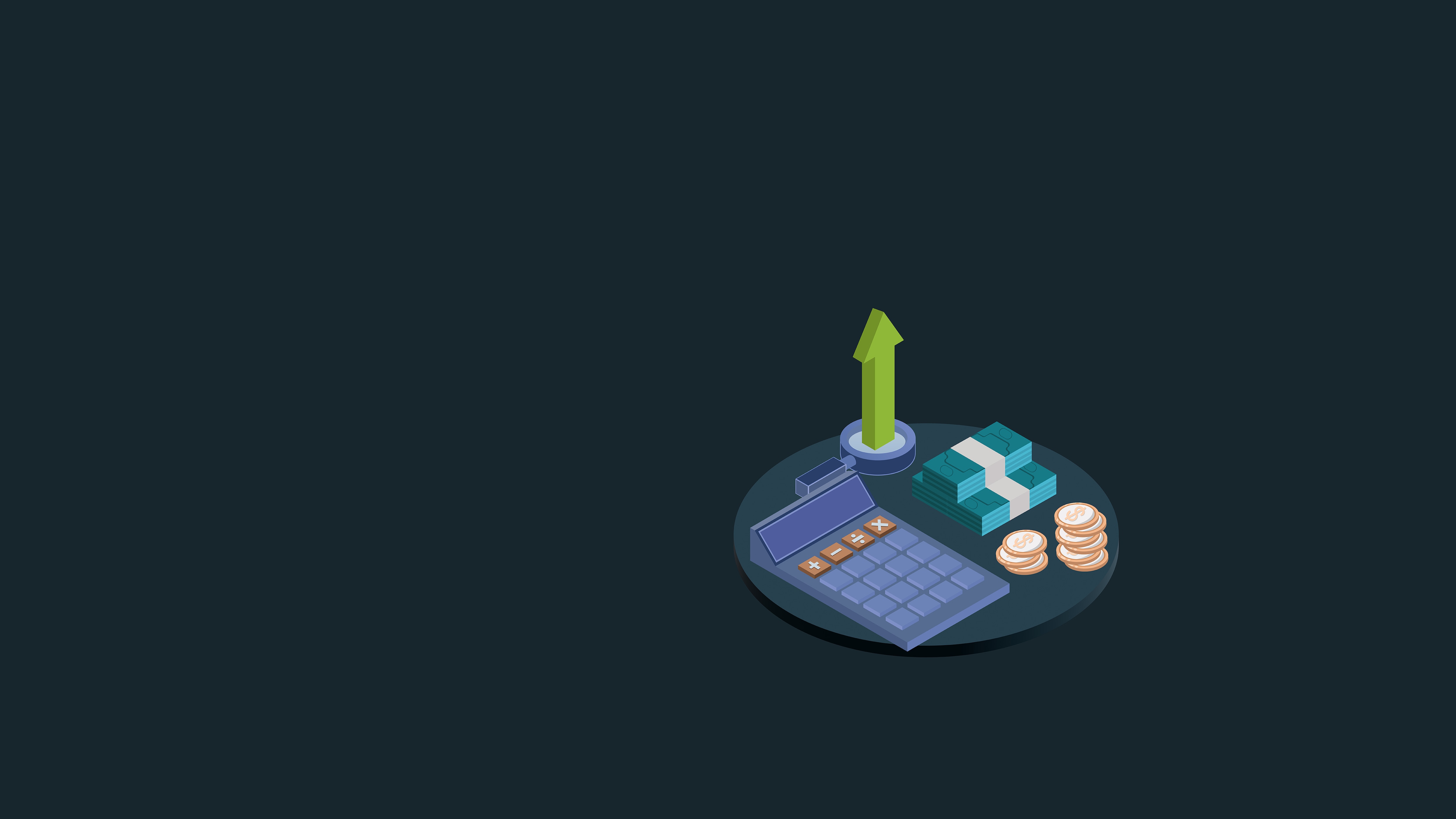 Illustration depicts calculator and currency with arrow indicating financial growth.