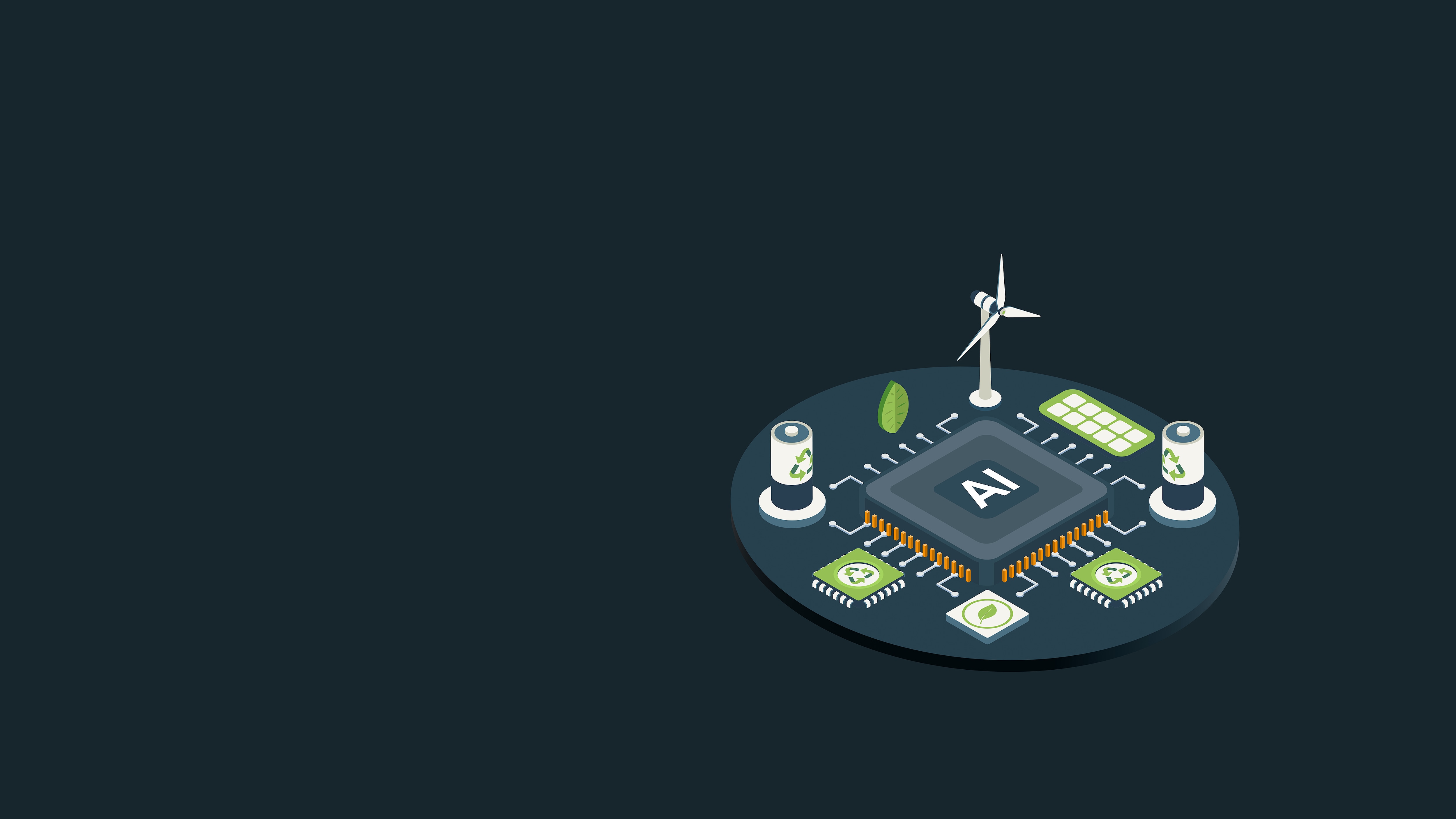Illustration depicts AI circuit board with sustainable components including a windmill indicating renewable energy technologies.