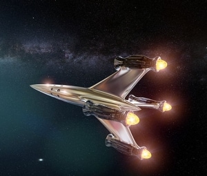 宇宙を飛行する宇宙船。