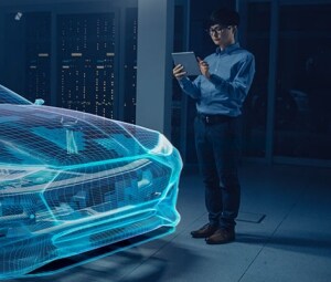 An automotive engineer evaluates the technological system for an electric car.
