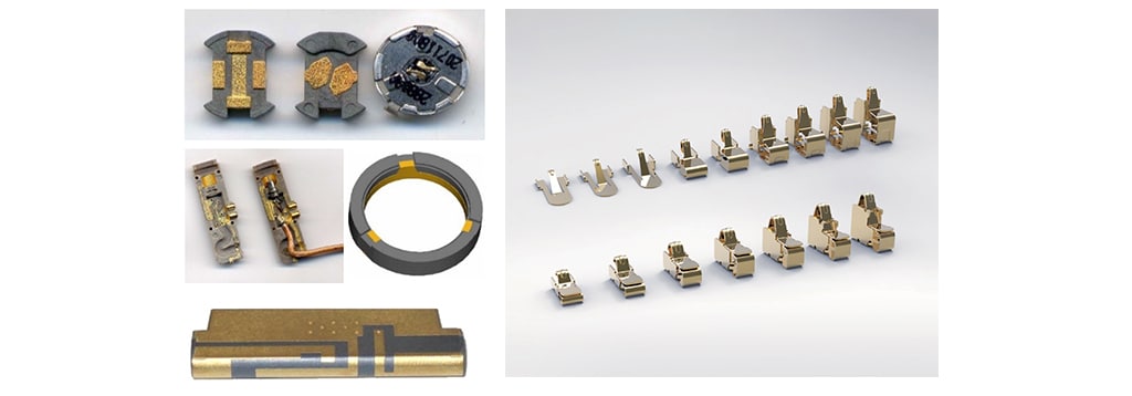 在各种设备上进行激光直接成型的示例。用于接地、天线馈送和 EMI 屏蔽的弹片触点。