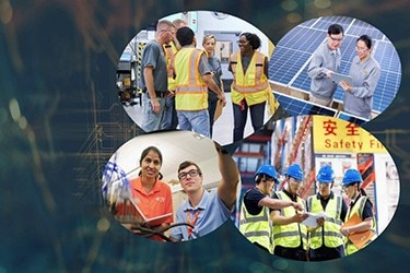 Four oblong photos featuring people at sites