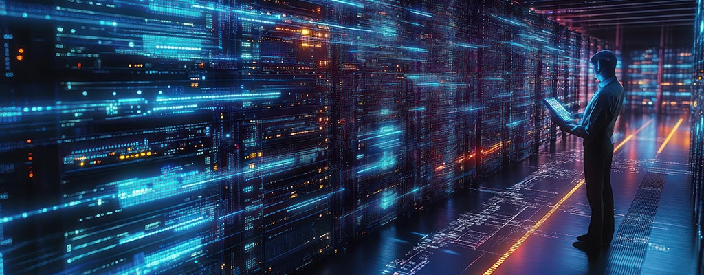 Image of engineer working in a data center.