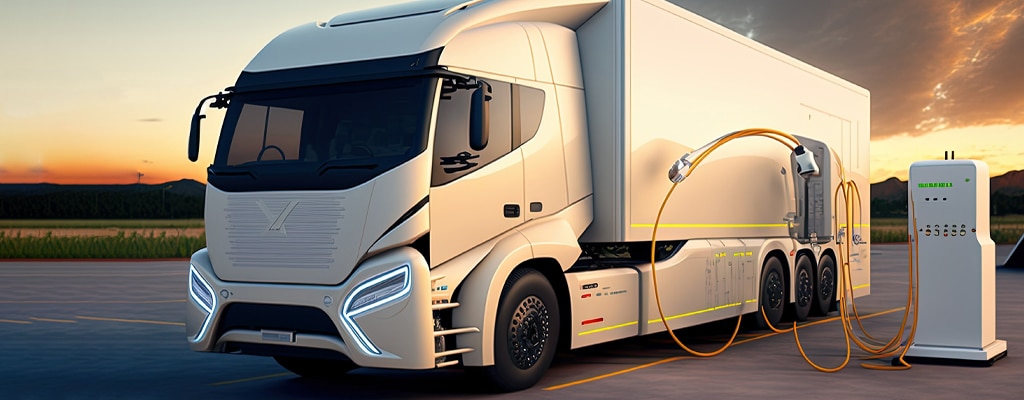 Electric-powered truck at a EV charging station.