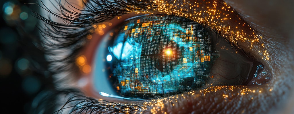 Digital rendition of a human eye, representing AI technology advancement.