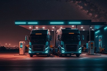 Two long-haul trucks at an EV changing station.