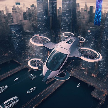 Ein eVTOL fliegt über eine Stadt und bietet schnellen und einfachen städtischen Transport