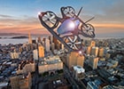 eVTOL im Flug über eine Stadt.