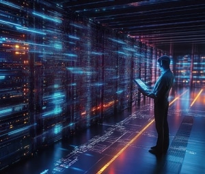 Ein Mann überprüft ein KI-Computing-Programm in einem Rechenzentrum