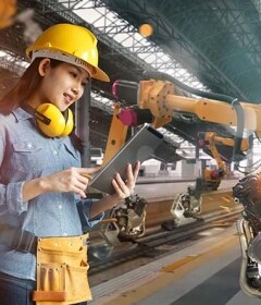 Ingenieurin programmiert Fabrikroboter für die industrielle Fertigung.