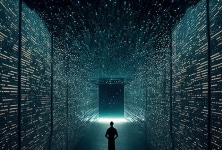 Man stands instead a massive data center.