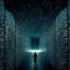 Man stands instead a massive data center.