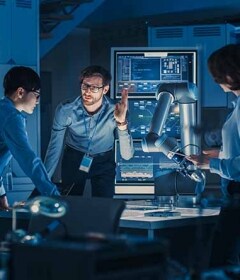 Engineers working on a robotic arm for a smart factory.