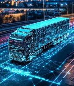 A data-connected smart truck on a highway at night.