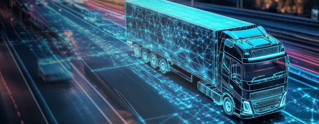 A data-connected smart truck on a highway at night.