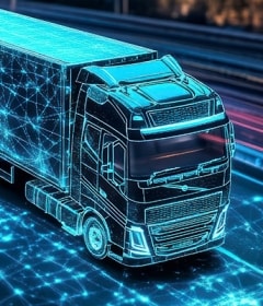 A data-connected smart truck on a highway at night.