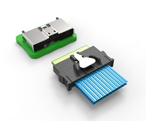 Sliver right angle receptacle and vertical plug