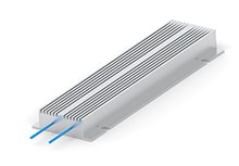 A silver aluminum chassis-mount resistor with a finned heatsink design and two blue wires