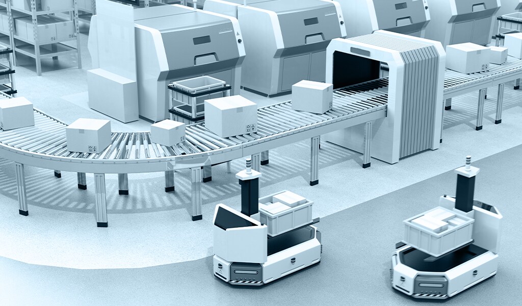 Two autonomous guided vehicles (AGV) using TE’s automation solutions to drive in a manufacturing facility