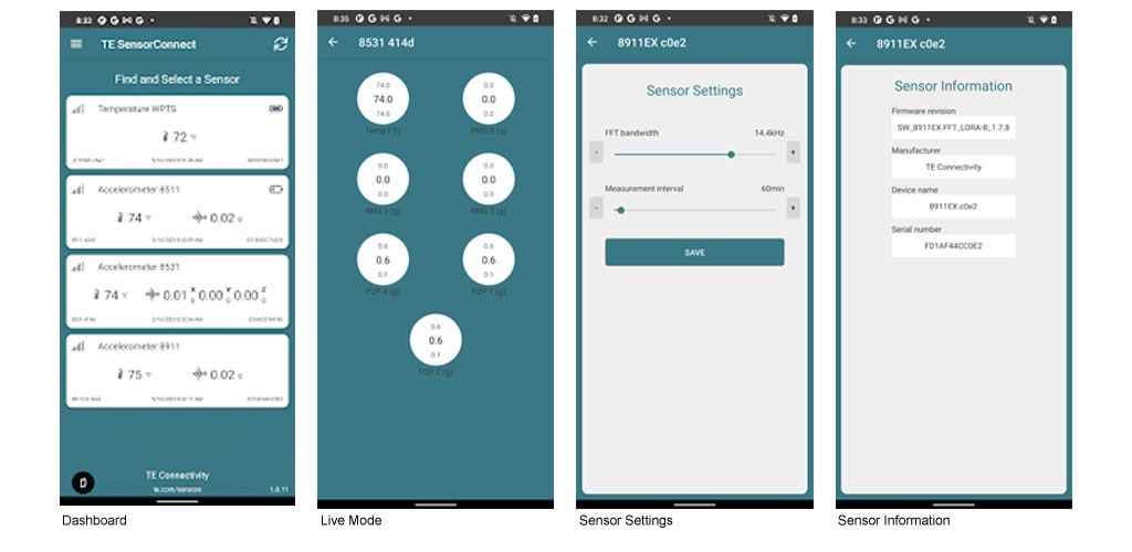 Capturas de pantalla de la aplicación TE SensorConnect del panel, el modo en vivo, la configuración y la información
