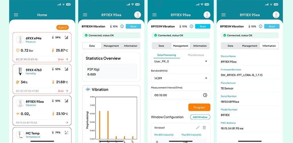 Captures d’écran de l’interface, du mode Live, des paramètres et des informations fournies par l’application SensorConnect de TE