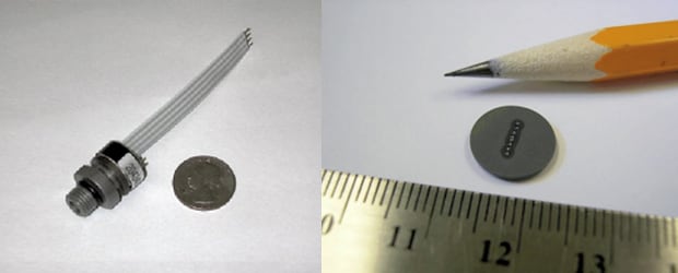 Compensated sensor (left) with mV/V output and SAE port with O-ring seal for hydraulic manifolds. Uncompensated (right) sensor on a flat disc for medical and semiconductor valves.