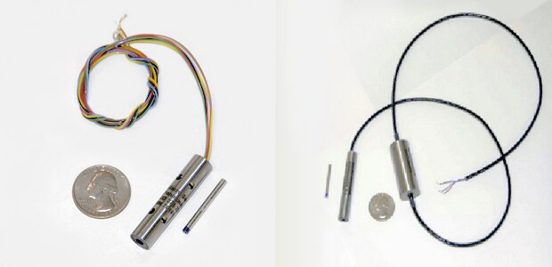 Down hole high temperature and pressure (+200°C and 20,000 psi) position sensor for drilling. Position sensor (right) with remote electronics for use in hostile environment.