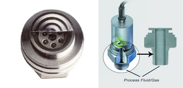 Sensor with very this thin welded diaphragm and oil filled cavity (left), a major source of contamination if the thin diaphragm ruptures.