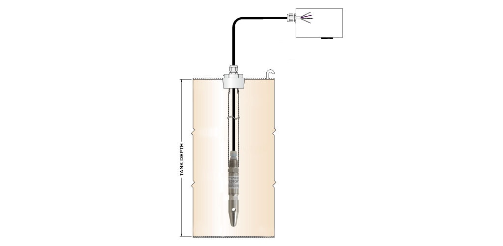 submersible pressure transducer in tank with mounting hardware