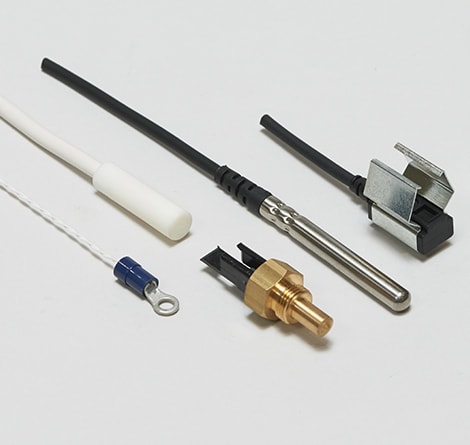 thermistor probe group photo with clip on, bolt-on, and threaded options